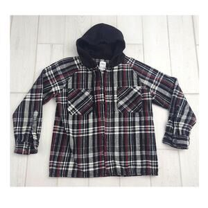 Zara Mens Medium Plaid Overshirt Shacket Button Up Hooded Jacket Black Red Shirt